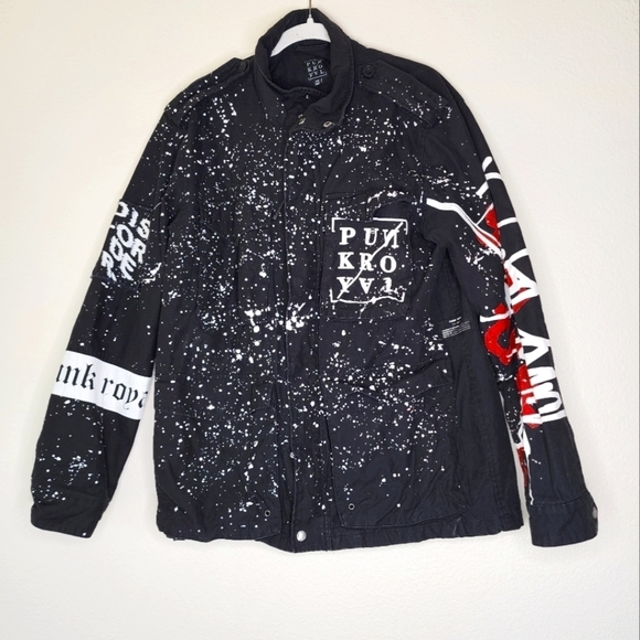 Punk Royal Black Print Custom Archive Graphic Denim Jacket M - Picture 1 of 5